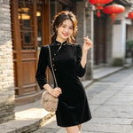 Black New Chinese Style Improved Qipao Dress Long Sleeve Short Cheongsam Retro Elegant Women Dress for Party Banquet Daily