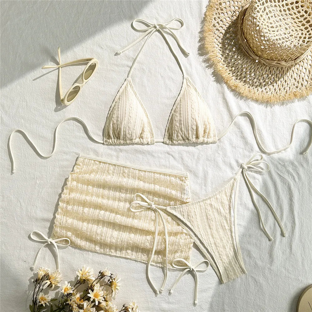 Beige Mesh Cover Ups Swimwear Halter String Triangle Bikinis Sets 3 Pieces Micro Thong Sexy Swimsuit Women 2026 Bathing Suit