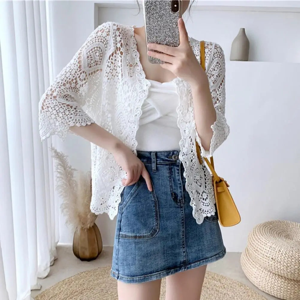 3/4 Sleeve Hollow Out Open Front Sheer Sweater Crochet Cardigan for Women Lightweight Boho Summer Beach Knit Shrug