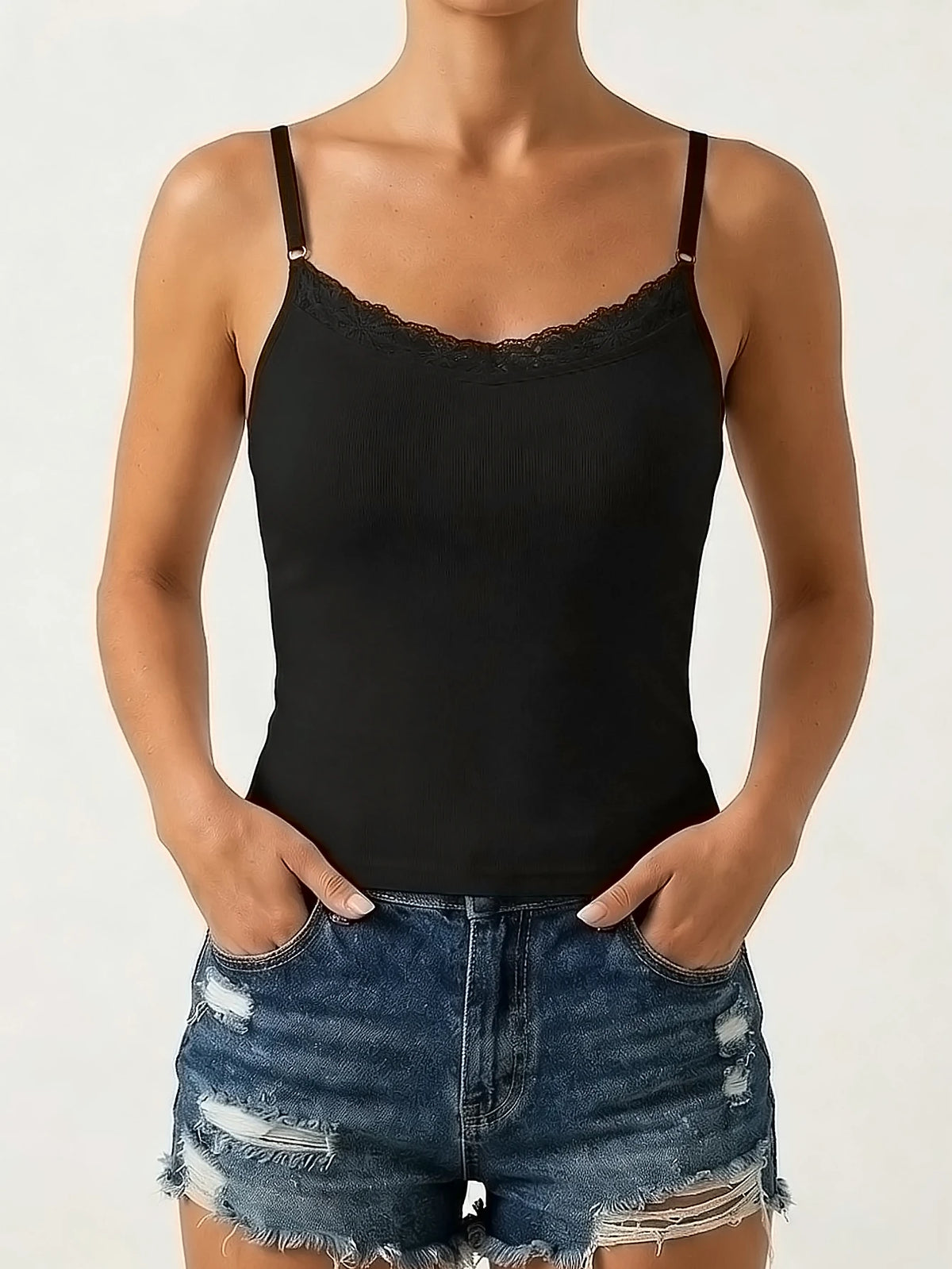 Summer Women Lace Neckline Camisole Adjustable thin straps Vest Top Built-in padding Breathable Sleeveless Underwear