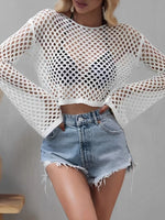 Mesh Crochet Beach Shirt Women Solid Cover Up Ladies Long Sleeve Tops 2026 Sexy Beachwear Bathers Swim Bathing Suit