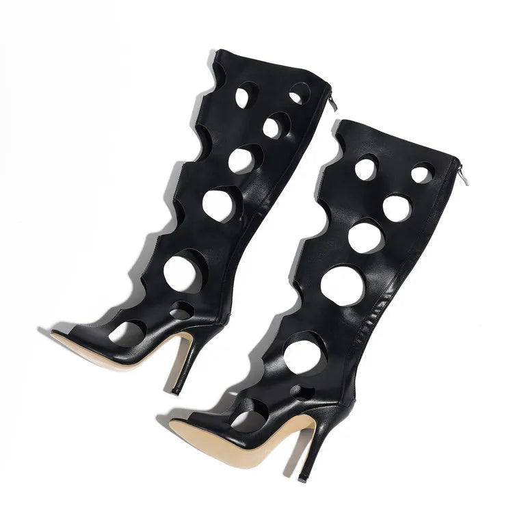 Big Size 43 Sexy Black Hollow Out Summer Boots Women White Thin High Heels Knee High Boots Stiletto Zip-up Peep Toe Party Shoes