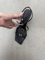 New Sexy Black Thin Buckle Straps Wedges Sandals Women Elegant Denim Blue Unique Curved Wedge High Heel Summer Party Heels Shoes