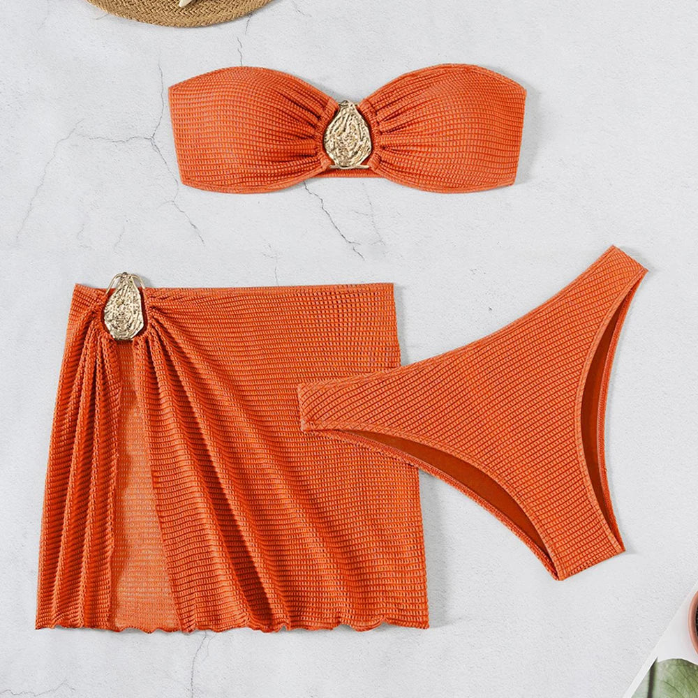 Brown Solid Swimwears Strapless Bandeau Bikinis Sets 3 Pieces Cover Up Sexy Swimsuit Woman 2026 Metal Buckled Bikini Beachwear
