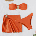 Brown Solid Swimwears Strapless Bandeau Bikinis Sets 3 Pieces Cover Up Sexy Swimsuit Woman 2026 Metal Buckled Bikini Beachwear