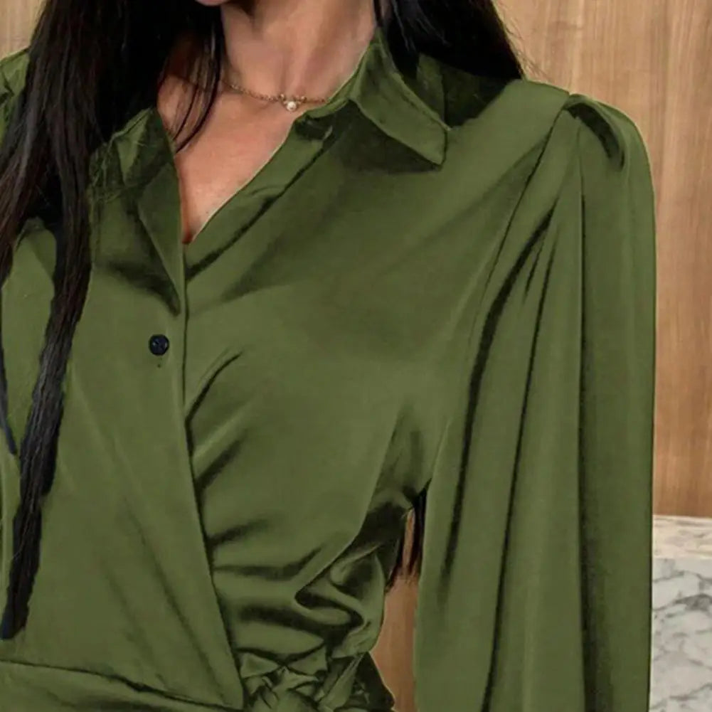 Party Club Short Dress Women's Satin Shirt Dress V Neck Long Sleeve Wrap Dresses Casual Tie Waist Mini Dress