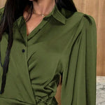 Party Club Short Dress Women's Satin Shirt Dress V Neck Long Sleeve Wrap Dresses Casual Tie Waist Mini Dress