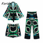 Foridol Oversized Green Print Boho Women Shorts Sets Shirts Shorts Pants Three Pieces Fashion Suits Matching Sets 2025 Summer