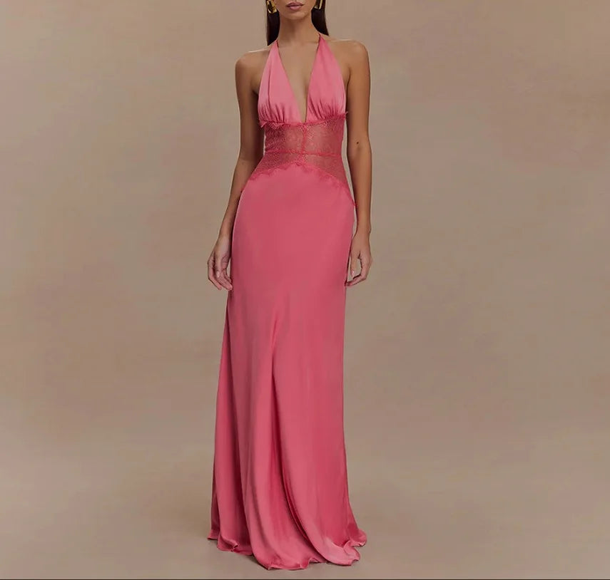 Summer Backless Sexy Long Dresses Women's Gown Patchwork Lace Halter V Neck Sleeveless High Waist Elegant Vestidos Para Mujer