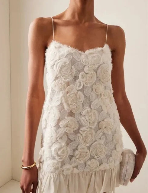 2025 Summer Lady New 3D Flower White Mini Chiffon Dresses Sexy Backless Simple Elegant Fashion Ladies Slim Holiday Party Outfits