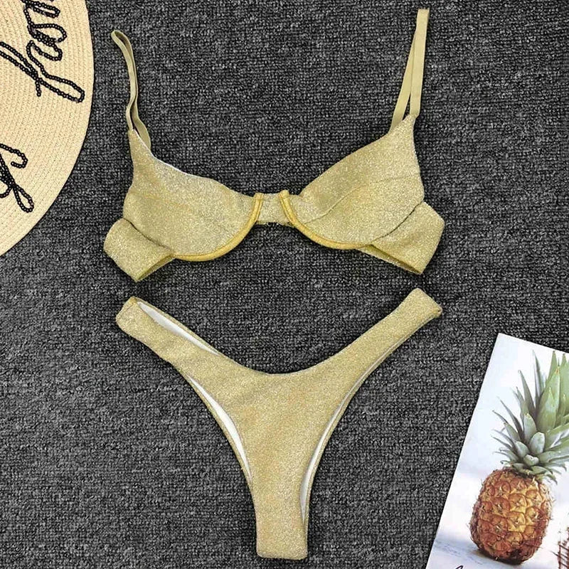 Glitter Shiny Underwired V-Bar Bikini Women Swimsuit Female Brazilian Swimwear Two-piece Bikini Set Triangle Bathing Suit Swim