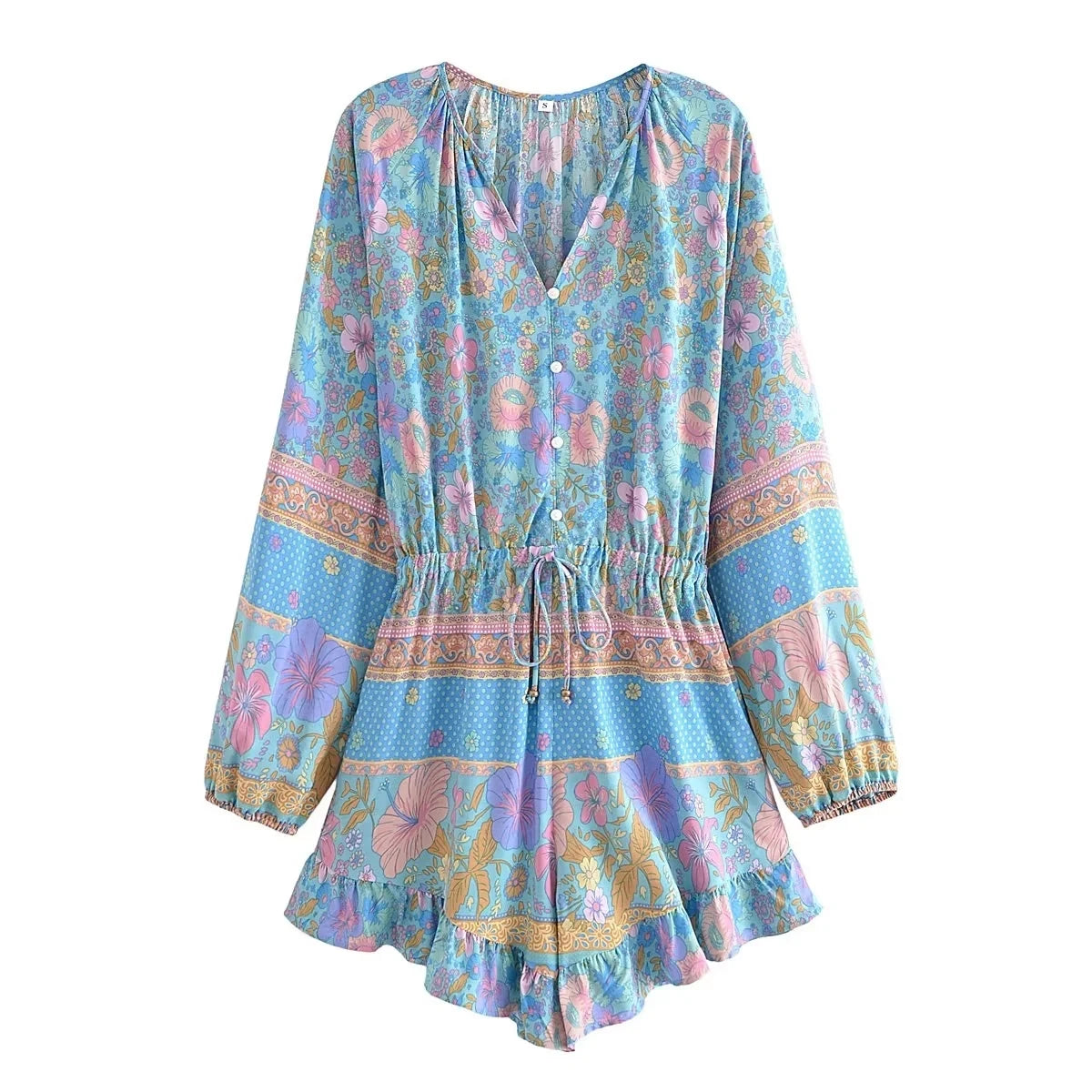 Long Sleeve Spring Summer Short Jumpsuit Women Printed Bohemian Wide Leg Playsuit Female Romper Ruffles Rayon Boho Overalls 2025