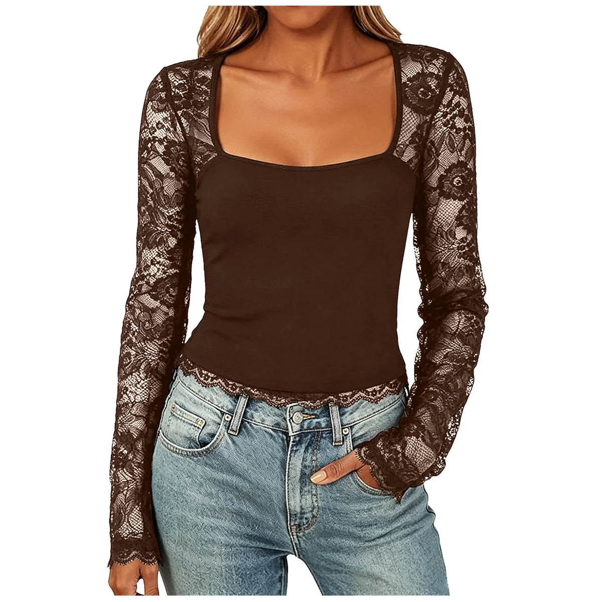 Women'S Sexy Lace Patchwork Square Collar Long Sleeve T-Shirt Elegant Sheer Mesh Slim Fit Cropped Top Spring/Fall 2026 Basic Top