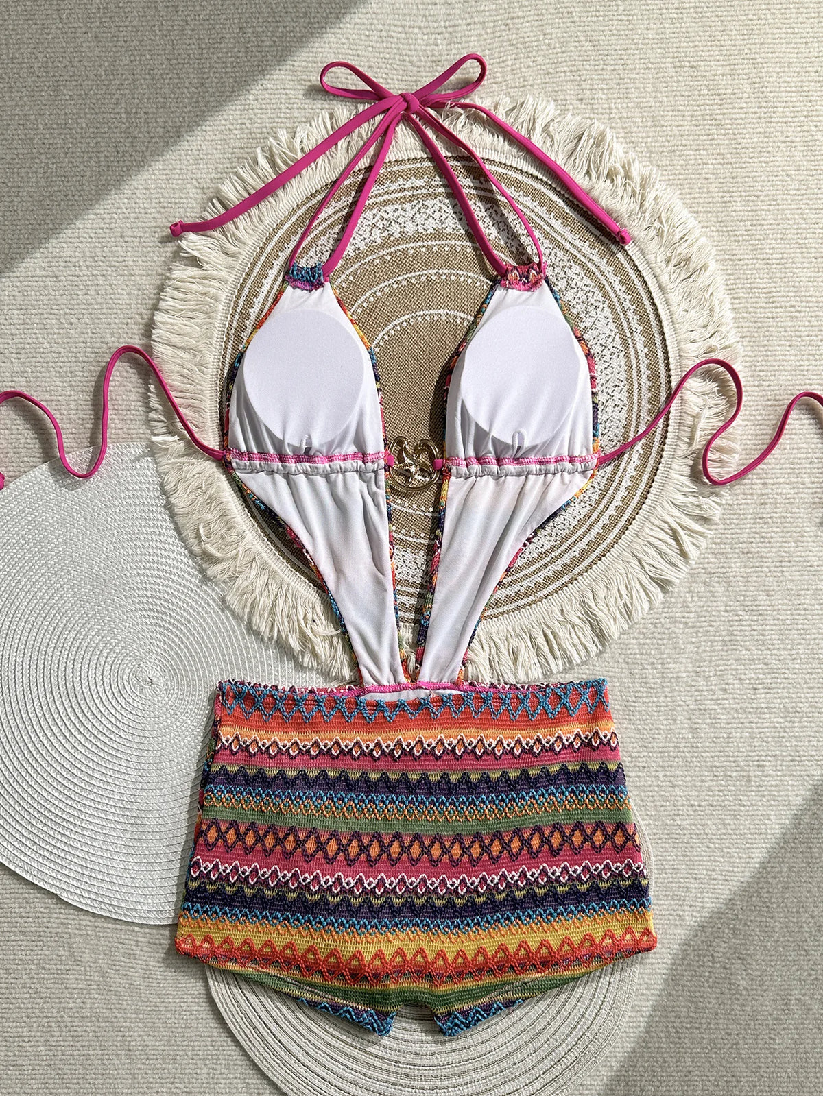 Sexy Hot Pink Knitted Striped Swimsuit 2026 Women Metal Circle Patchwork Hollow Backless Beach Bathing Suit One Piece Swimwear