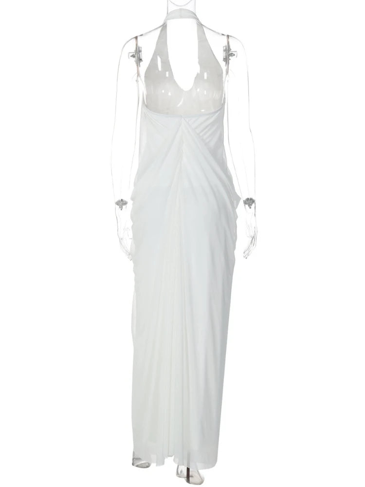 FDYOUI 2026 Summer Backless Ruched White Long Maxi Dress for Woman Elegant Sexy Halter Sleeveless Loose Evening Party Dresses
