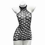 Sexy Mesh Halter Neck Hollow Out Open Crotch Dress With Exposed Chest And Sheer For Women Off-the-shoulder Mini Dress Charm RCIJ