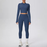 New Women Yoga Set Solid Color Double-Sided Brushed Bare Feel Short Long-Sleeve Jacket Tight Pants Running Fitness 2-Piece Set