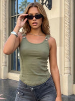 Summer Women's Solid Ribbed Tank Tops Stylish Sleeveless U Neck Camisole with Metal Buckle Straps Gothic Punk Vest