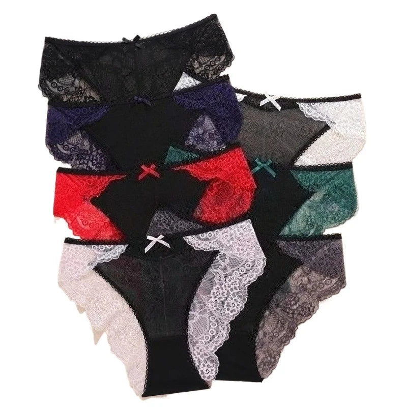 7pc/set Sexy Lace Bow Lady Briefs Floral Patchwork Panties Breathable Female Underpants Elegant Lingerie Women Panties Underwear
