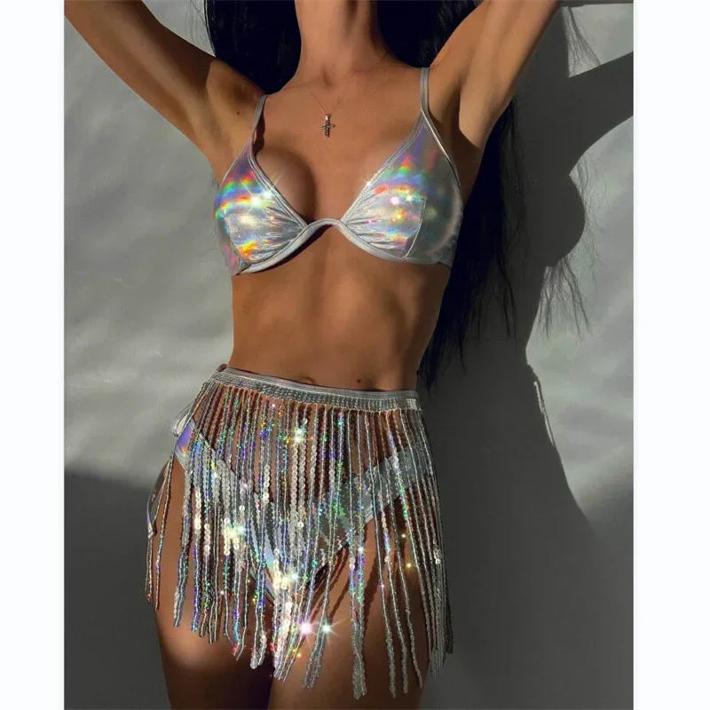 Sexy Bikini 2025 Swimwear Women Shiny Gold Sequins Tassel Skirt 3 Piece Swimsuit Push Up Underwire Bathing Suit Swimwear Biquini