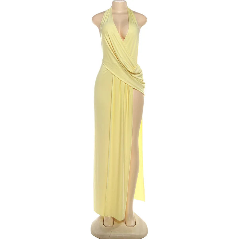 Temperament Halter Neck Party Dresses Women Sexy Deep V-neck Backless Package Hip Slit Dress Hot Girls Club Banquet Vestidos