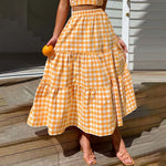 2026 Summer Vintage Checkered Maxi Skirt Women High Waisted Elastic Plaid Ruffle Long Skirts Retro Sweet Cake ALine Skirts