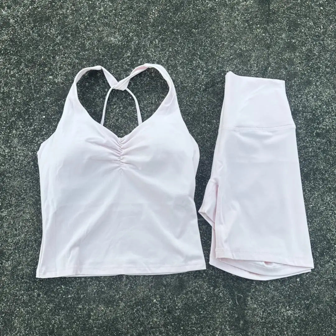 Women Gym Yoga Short Cycling Set Cross Back Gym Bra Tank Top +High Waist Cycling Short Leggings High Impact Shockproof Sportwear