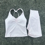 Women Gym Yoga Short Cycling Set Cross Back Gym Bra Tank Top +High Waist Cycling Short Leggings High Impact Shockproof Sportwear