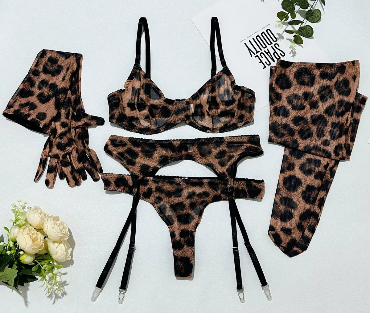 Toucheart Erotic Lingerie Leopard Print 5-piece Set with Gloves and Stockings Tie-dye Printed Sexy Hot Lingerie Suit for Women