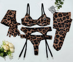 Toucheart Erotic Lingerie Leopard Print 5-piece Set with Gloves and Stockings Tie-dye Printed Sexy Hot Lingerie Suit for Women