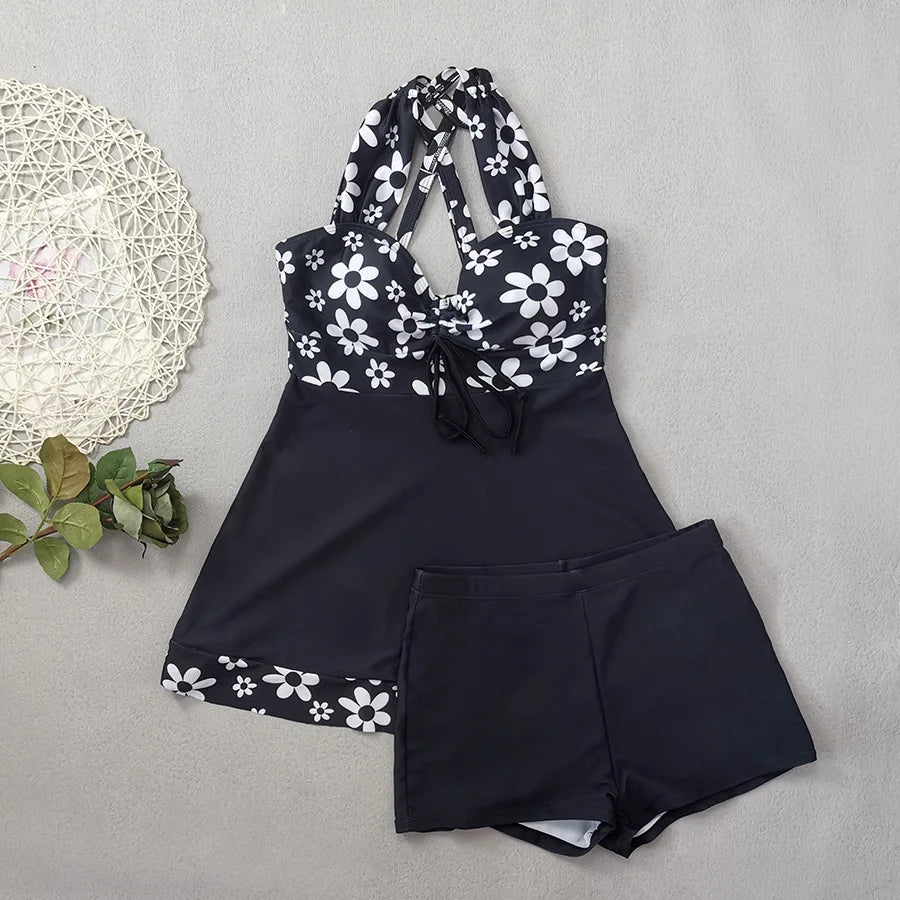 Vintage Black Flower Print Skirt Bikini Set 2026 Front Bow Crop Top Bathing Suit Swimwear Women's High Waist Swimsuit Tankini
