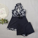 Vintage Black Flower Print Skirt Bikini Set 2026 Front Bow Crop Top Bathing Suit Swimwear Women's High Waist Swimsuit Tankini