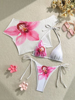 Sexy Pink Floral Print Short Sleeve Cover Up 3 Piece Bikini Set 2026 Women Push Up Thong Swimsuit Holiday Bathing Suit Swimwear