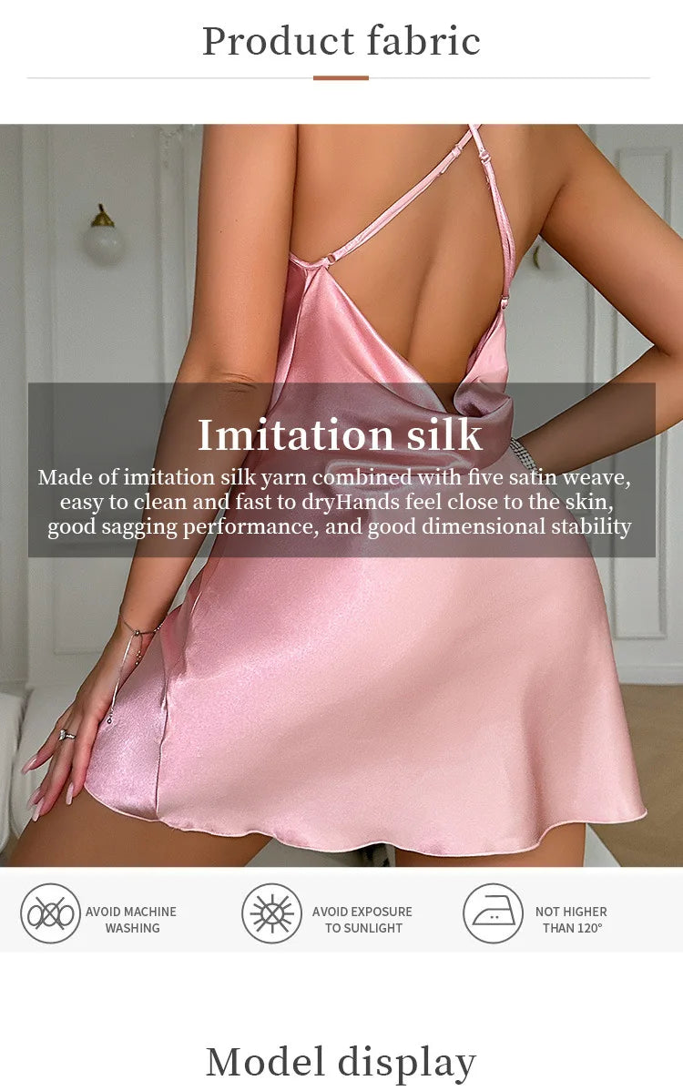 Women Sleepwear Summer Sexy Lace Satin Silk Nightdress Backless Cross Straps Slip Mini Dress Pajamas Nighties Nightgown