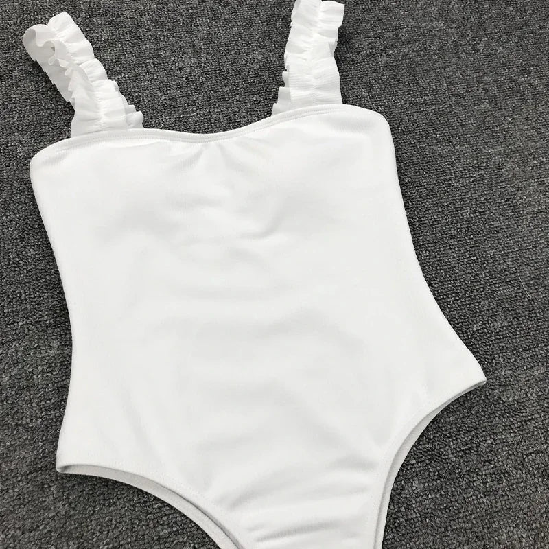 Sexy White Frill Trim Ruffled Ribbed Female Swimwear One Piece Swimsuit Women Monokini High Cut Bather Bathing Suit Swim Lady