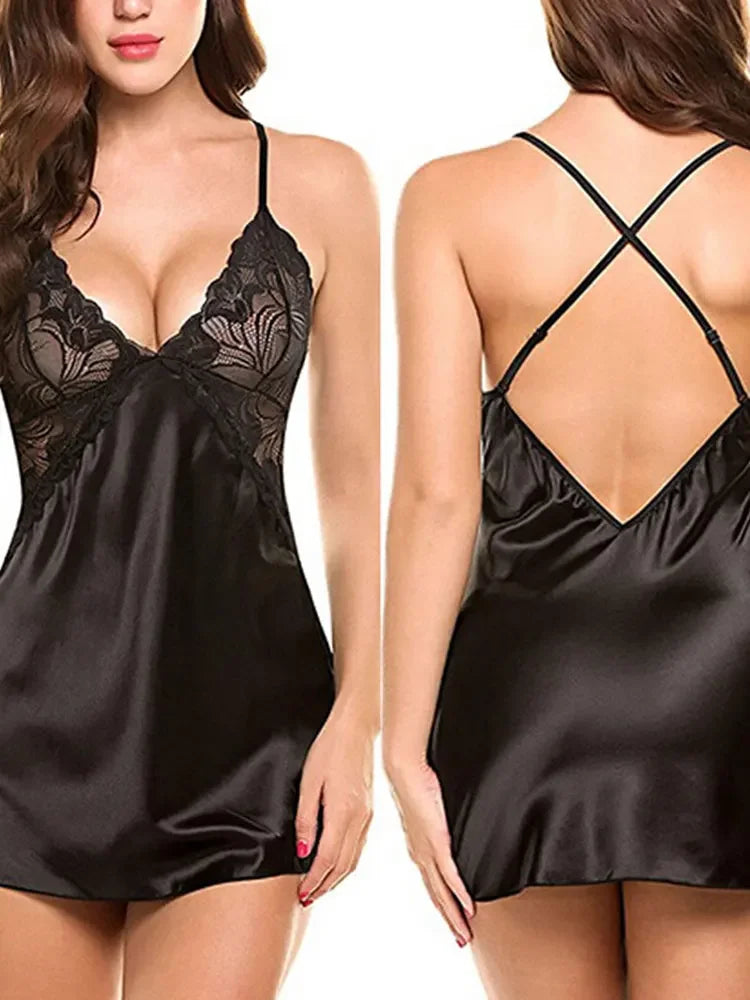 Women Satin Lace Chemise Nightgowns Sexy V-Neck Spaghetti Strap Sleepwear Babydoll Lingerie Dress for Bridal Wedding Honeymoon