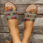 Fashion Tweed Cloth Flats Slippers Women 2025 String Bead Plus Size 36-43 Summer Sandals Woman Lightweight Outdoor Slides Female