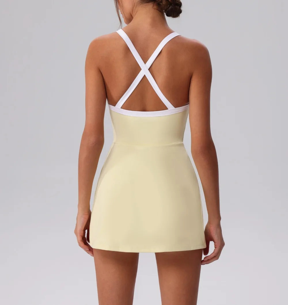 Color Contrast Tennis Dresses Women Beautiful Back Hollow Back Cross Split Skirt Pocket Sports Fitness One-piece Yoga Golf Suit