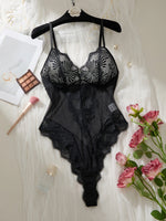 Black Sheer Mesh Teddy Bodysuit Women Floral Lace V Neck Ruffle Trim One Piece Lingerie Intimate Body Suit Sleepwear ZA825256