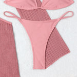 Women micro mini halter bikinis sets 3pcs with knitted long sleeve hollow out mini dress swimsuit bathing suit beach outfits