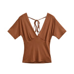 Spring Korean Slim Fit Deep V Neck Tie-Up Clean Face Crop Top Short Sleeve Pullover T-Shirt Base Shirt Solid Color Fashion RM7O
