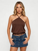 2026 Summer Women's Backless Lace Hem Tank Tops Slim Fit Halter Vest Daily Fashion Going Out Sleeveless Shirts
