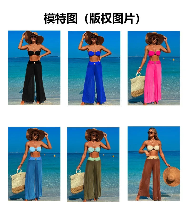 Sexy Bandeau Bikini Set 2025 Women Khaki Patchwork Front Metal High Waist Mesh Panties 3 Piece Swimsuit Bathing Suit Swimwear