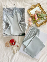 Two Piece Women's Pajamas Set with V Neck Lace Design Top Long Pants Fashionable And Comfortable For Spring And Summer Seasons