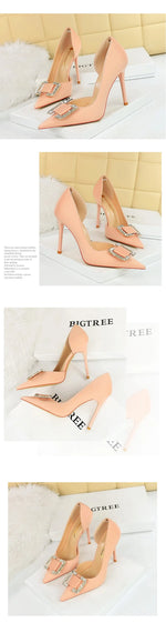 BIGTREE Pumps Elegant Pointed Crystal Buckle Slim High Heel Single Shoes Women Silk Spring/Summer High Heel Pumps Wedding Dress