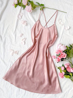 Summer Silk Stain Nightdress Women's Sleepwear, Sexy Backless Sleeveless A-Line Short Sleepdress, Solid Color Nighties