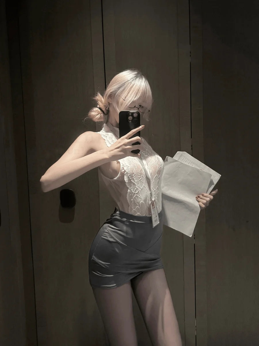 Women Lace Lingerie Dress Set, Halter Neck Floral Mesh Bodycon Mini Dress with Panties, Elegant Secretary Role Play Costume