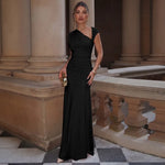 FDYOUI 2026 Summer Diagonal Collar Sleeveless Birthday Dress Women Sexy Tunics Pleated Solid Long Party Dresses Pink Black Gown