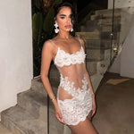 FDYOUI Spaghetti Strap See-through Mesh Dress Women Sleeveless Lace Patchwork Mini Party Dresses White Black Night Club Outfit