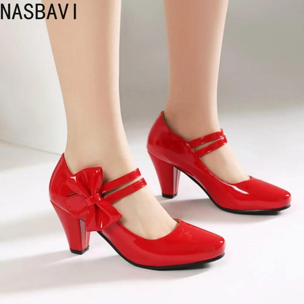 Spring Hot Sale Patent Leather Chunky Heel High Shoes Women's Platform Wedding Party Single Dress Shoes Large Size 33-45 Pumps